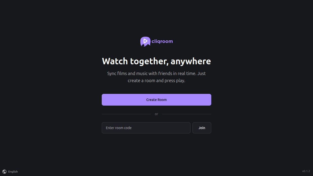 Cliqroom start screen with the room-code field and Join button beneath Create Room.