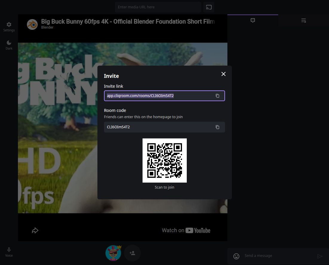 Cliqroom Invite dialog showing the room link, room code, and QR code.